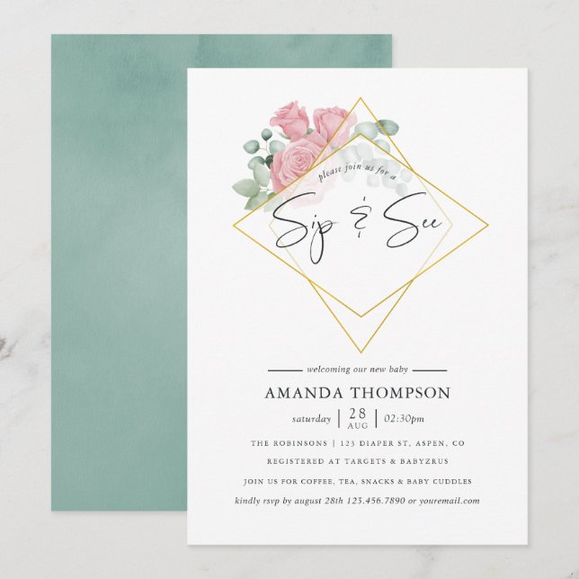 Invitation Aquarelle Eucalyptus Rose Sip géométrique et voir (Devant / Derrière)