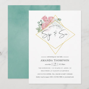 Invitation Aquarelle Eucalyptus Rose Sip géométrique et voir