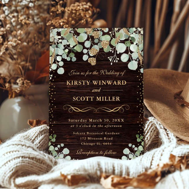 Invitation Aquarelle Eucalyptus Rustique Mariage Or (Créateur téléchargé)