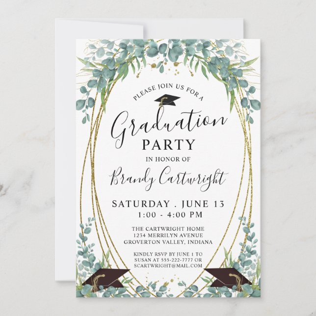 Invitation Aquarelle Eucalyptus Script Gold Frame (Devant)