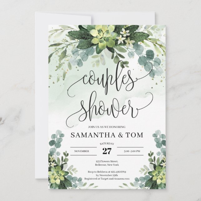 Invitation Aquarelle eucalyptus succulent couples douche (Devant)