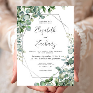 Invitation Aquarelle Eucalyptus Verdure Argent Geo Mariage