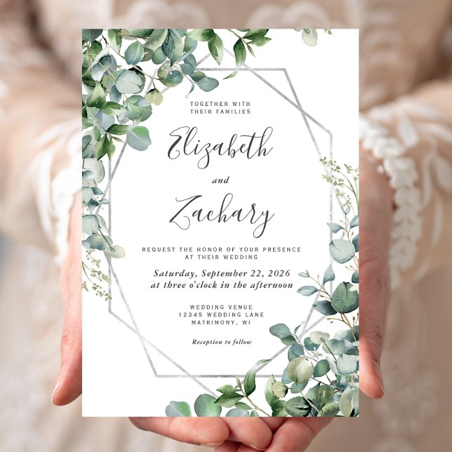 Invitation Aquarelle Eucalyptus Verdure Argent Geo Mariage (Créateur téléchargé)
