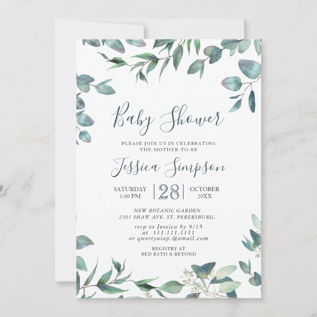 Invitation Aquarelle Eucalyptus Verdure Baby shower NEUTRE (Devant)