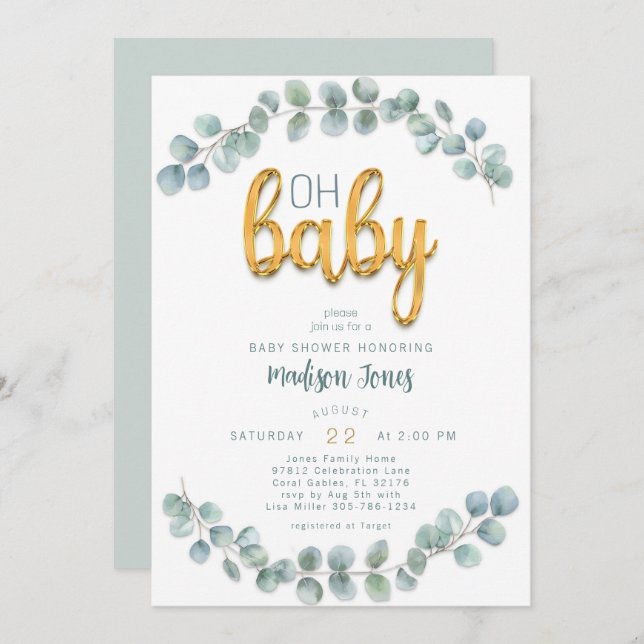 Invitation Aquarelle Eucalyptus Verdure Baby shower Or (Devant / Derrière)