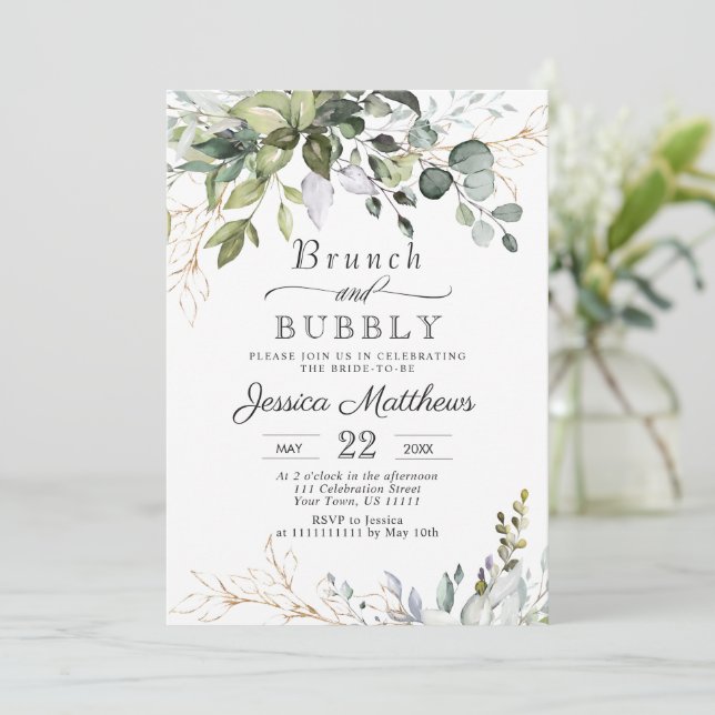 Invitation Aquarelle Eucalyptus Verdure Brunch & Bubbly (Debout devant)
