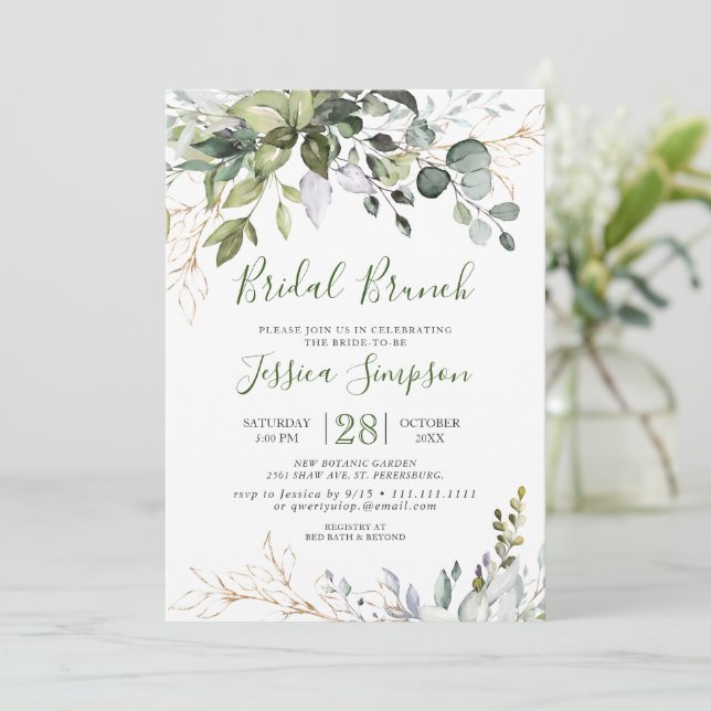Invitation Aquarelle Eucalyptus Verdure Brunch nuptial (Debout devant)