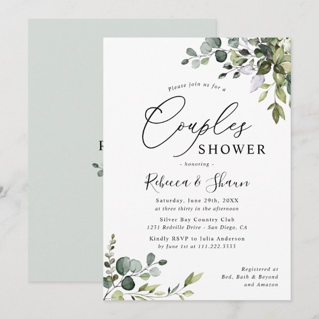 Invitation Aquarelle Eucalyptus Verdure Couples Douche (Devant / Derrière)