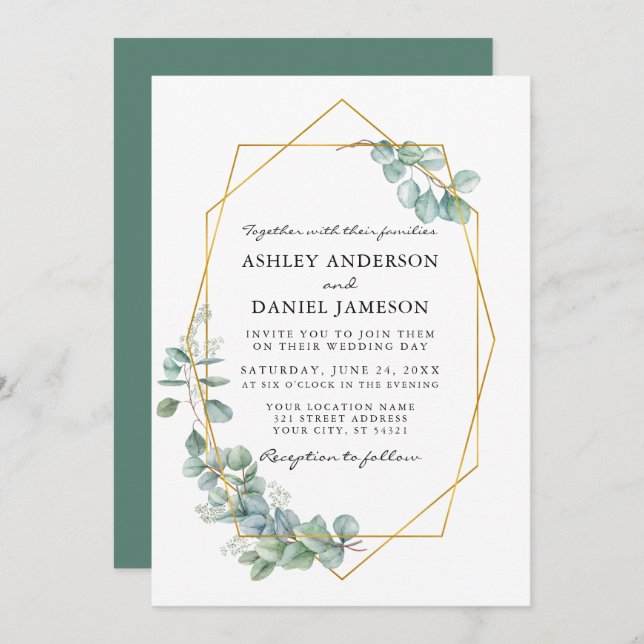 Invitation Aquarelle Eucalyptus Verdure Mariage Gold Frame (Devant / Derrière)