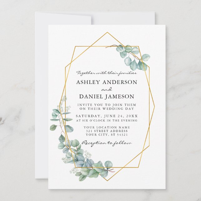Invitation Aquarelle Eucalyptus Verdure Mariage Gold Frame (Devant)