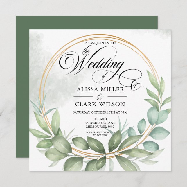 Invitation Aquarelle Eucalyptus Verdure Mariage Gold Frame (Devant / Derrière)