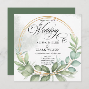 Invitation Aquarelle Eucalyptus Verdure Mariage Gold Frame
