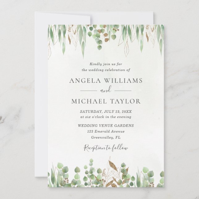 Invitation Aquarelle Eucalyptus Verdure Mariage moderne (Devant)