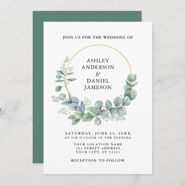 Invitation Aquarelle Eucalyptus Verdure Mariage Or (Devant / Derrière)