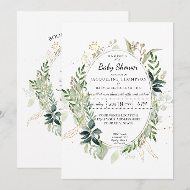 Invitation Aquarelle Eucalyptus Verdure n Baby shower Or (Devant / Derrière)