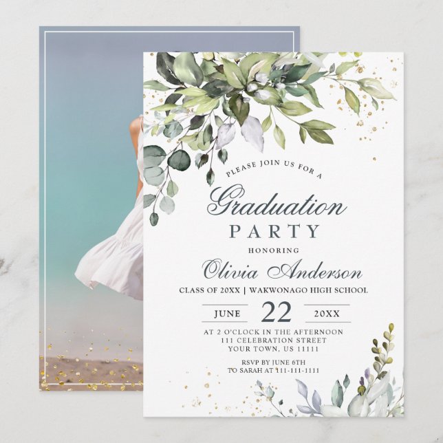 Invitation Aquarelle Eucalyptus Verdure PHOTO Graduation (Devant / Derrière)