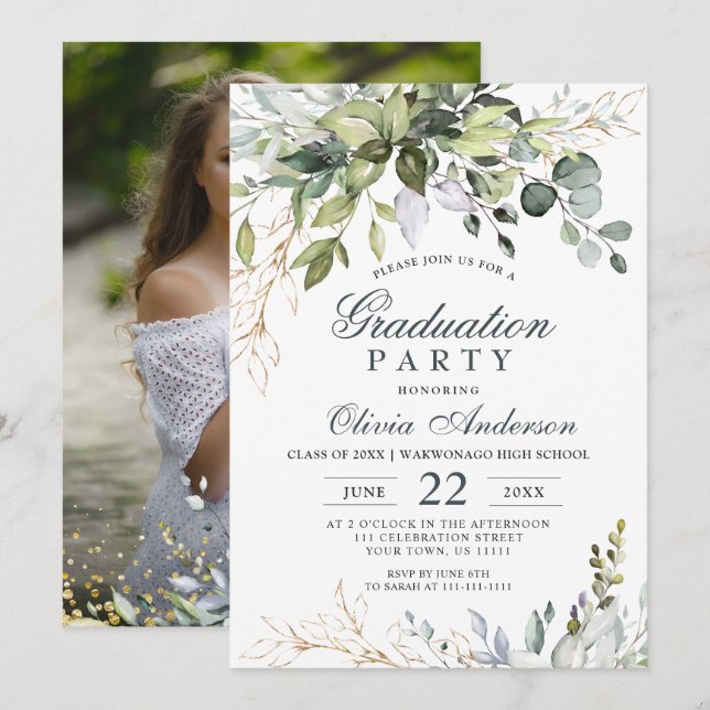 Invitation Aquarelle Eucalyptus Verdure PHOTO Graduation (Devant / Derrière)