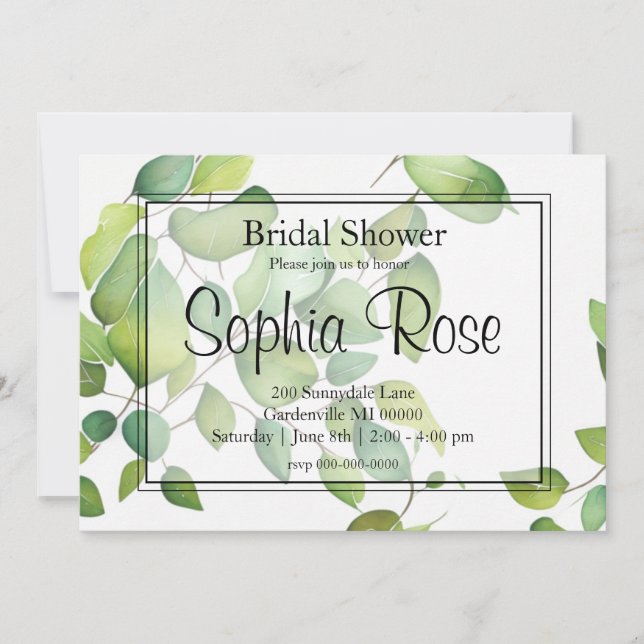 Invitation Aquarelle eucalyptus vert feuillage douche nuptial (Devant)
