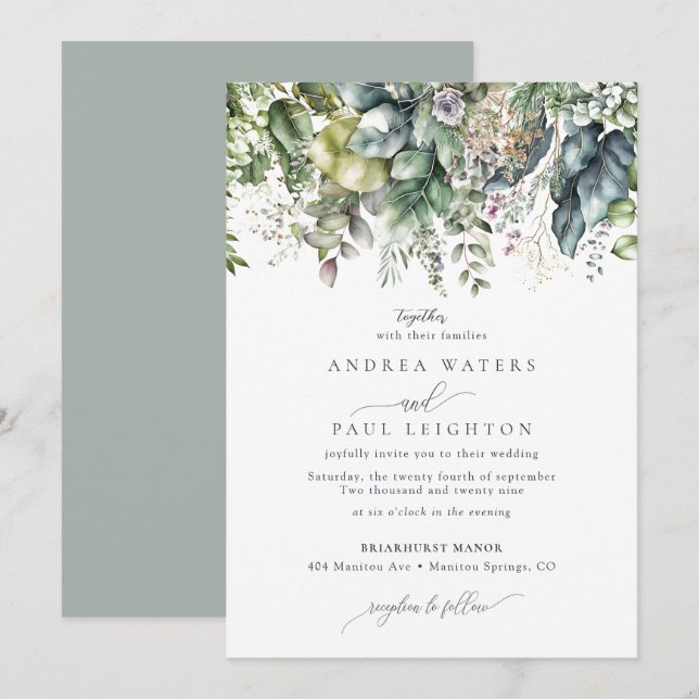 Invitation Aquarelle Eucalyptus Vert | Mariage botanique (Devant / Derrière)