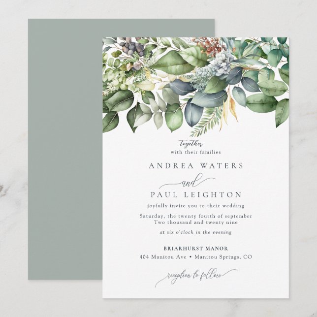 Invitation Aquarelle Eucalyptus Vert | Mariage botanique (Devant / Derrière)