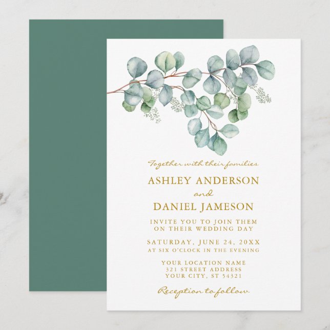 Invitation Aquarelle Eucalyptus Vert Mariage Or (Devant / Derrière)