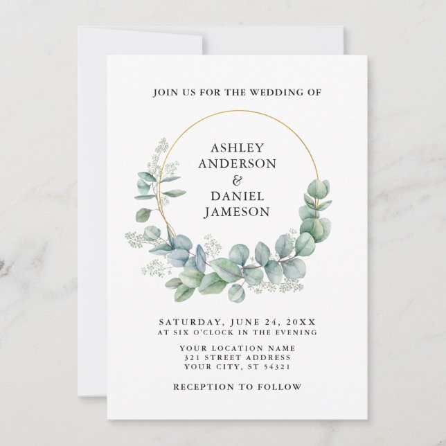 Invitation Aquarelle Eucalyptus Vert Mariage Or (Devant)