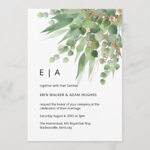 Invitation Aquarelle eucalyptus vert & or feuille mariage