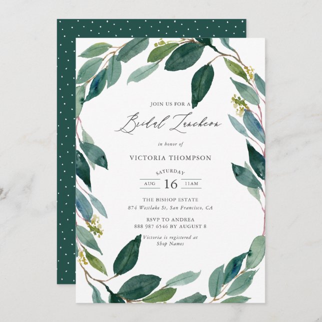 Invitation Aquarelle Eucalyptus Wreath Bridal Luncheon (Devant / Derrière)
