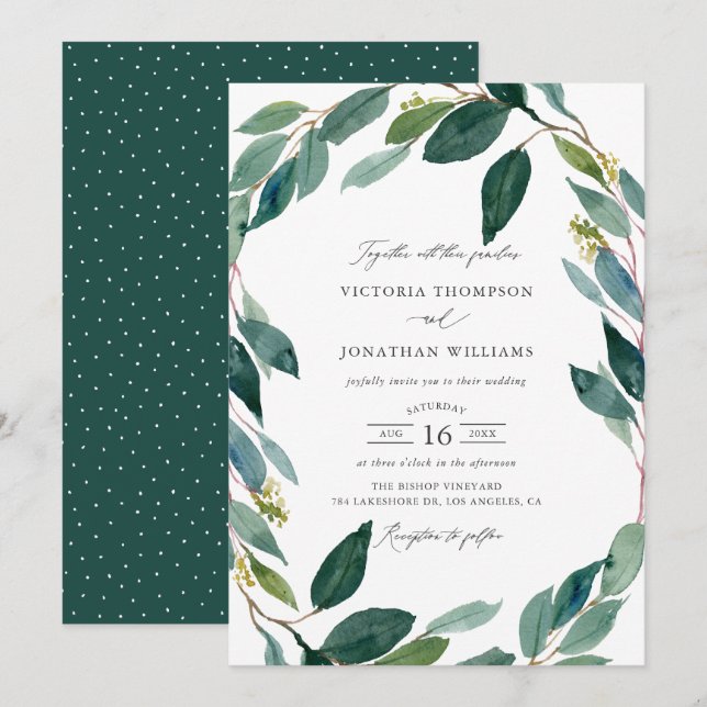 Invitation Aquarelle Eucalyptus Wreath Mariage botanique (Devant / Derrière)