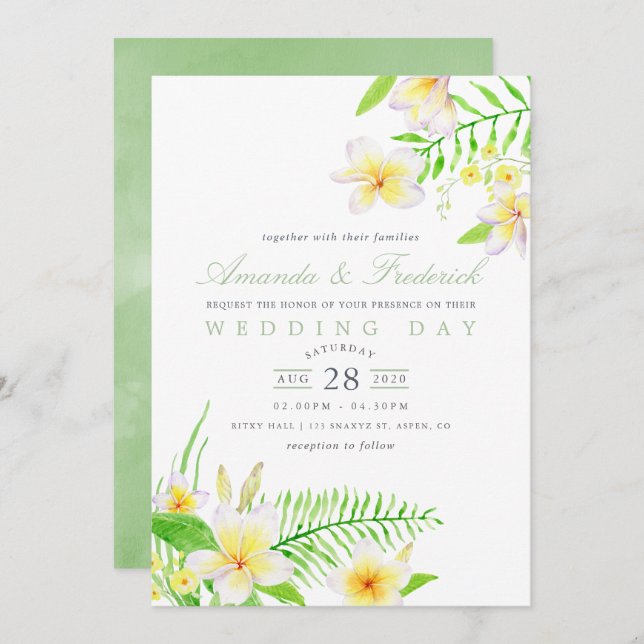 Invitation Aquarelle exotique Frangipani Mariage floral Invit (Devant / Derrière)