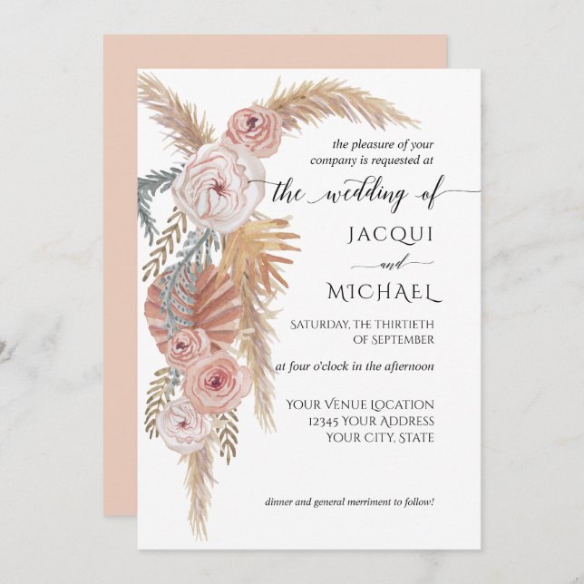 Invitation Aquarelle Faded Floral BOHO Pampas Grass Folithe (Devant / Derrière)