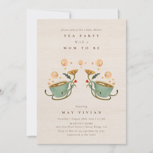 Invitation Aquarelle Faecore fleurie Tea Party Baby shower da (Devant)