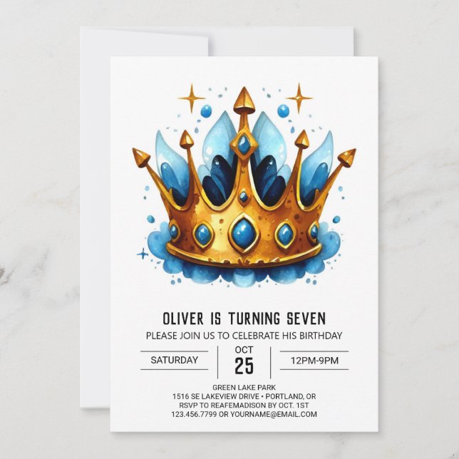 Invitation Aquarelle Fairytale Prince Crown Anniversaire (Devant)