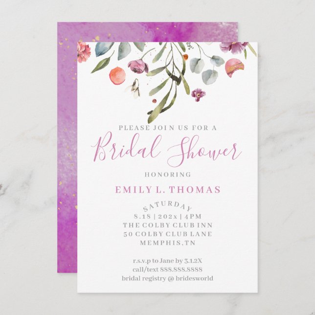 Invitation Aquarelle Falling Flowers Fête des mariées violet  (Devant / Derrière)