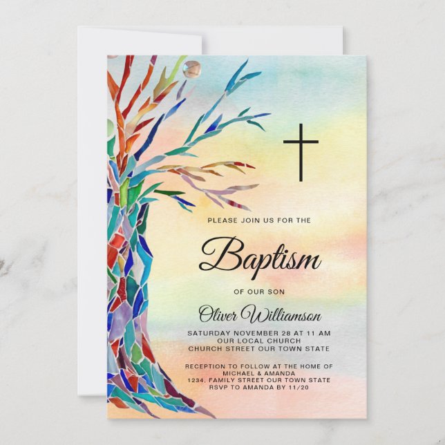 Invitation Aquarelle Famille Arbre Baptême Christening (Devant)