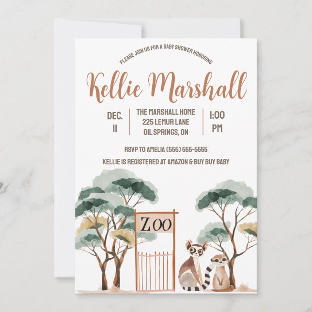 Invitation Aquarelle Famille Lemur, Zoo, Baby shower (Devant)
