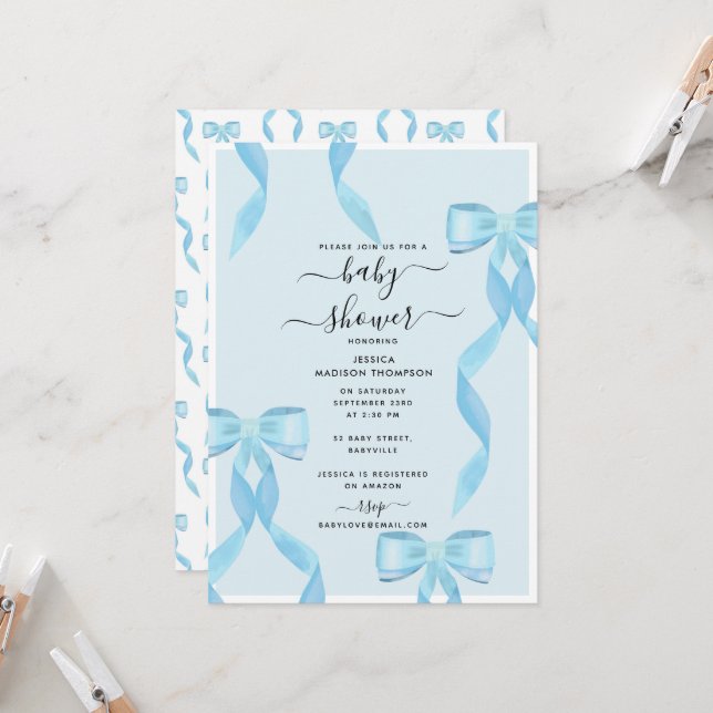 Invitation Aquarelle fantaisie Bleu Bow Baby shower officiel  (Devant/Arrière en situation)