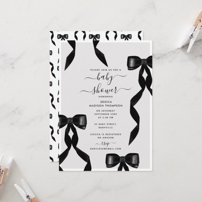 Invitation Aquarelle fantaisie noir Bow Baby shower officiel (Devant/Arrière en situation)