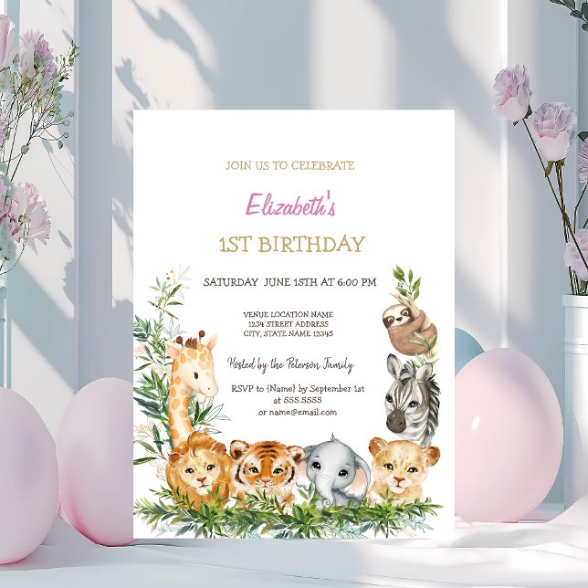 Invitation Aquarelle Fauve Animaux Jungle Tropical 1er (Créateur téléchargé)