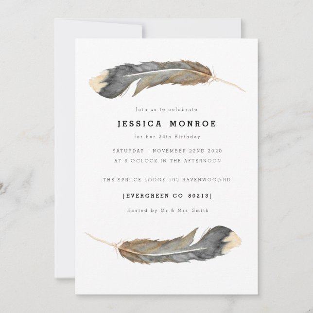 Invitation Aquarelle Feather Duo Anniversaire (Devant)