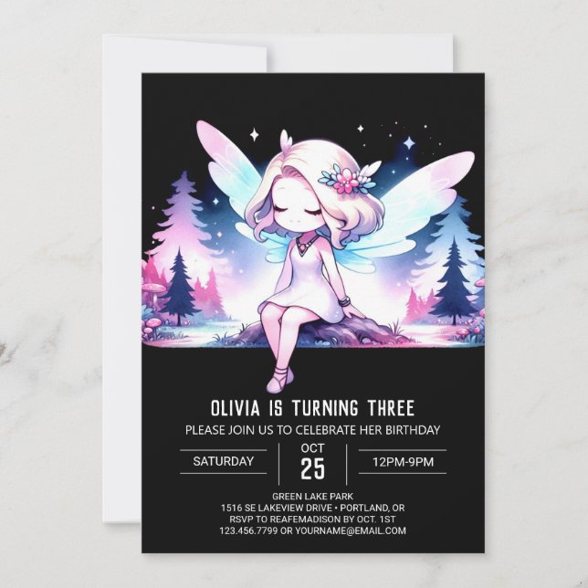 Invitation Aquarelle Fée adorable Anniversaire (Devant)