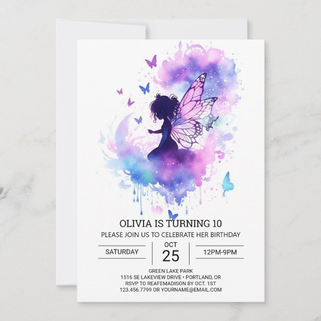 Invitation Aquarelle Fée Personnalisée Anniversaire (Devant)