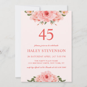 Invitation Aquarelle féminine Coral Chic Floral 45 Anniversai