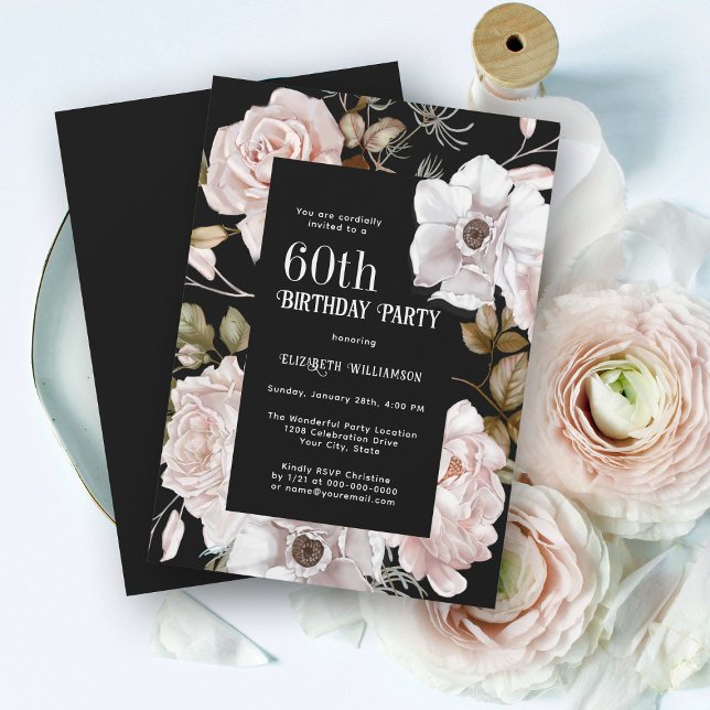 Invitation Aquarelle féminine Floral 60e fête d'anniversaire (Celebrate 60 in elegant style with a gorgeous birthday party invitation. Personalize with details.)