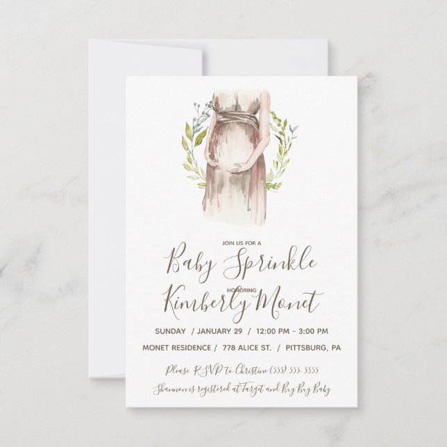 Invitation Aquarelle Femme Enceinte Bébé Saupoudrer Invitatio (Devant)