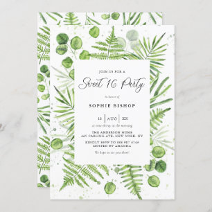 Invitation Aquarelle Ferns & Eucalyptus Frame Sweet 16 Party