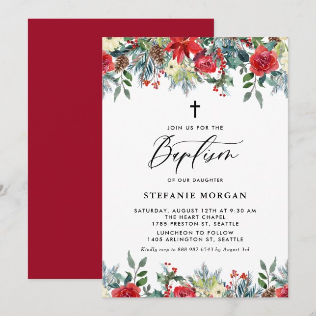 Invitation Aquarelle Festive Floral Garland Hiver Baptême (Devant / Derrière)