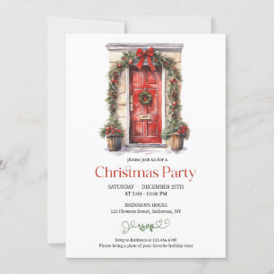 Invitation Aquarelle festive porte rouge rustique courroie ro