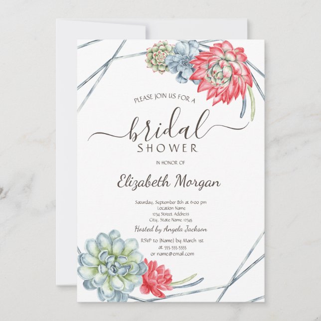 Invitation Aquarelle Fête de Mariage aux Succulentes Rouges (Devant)