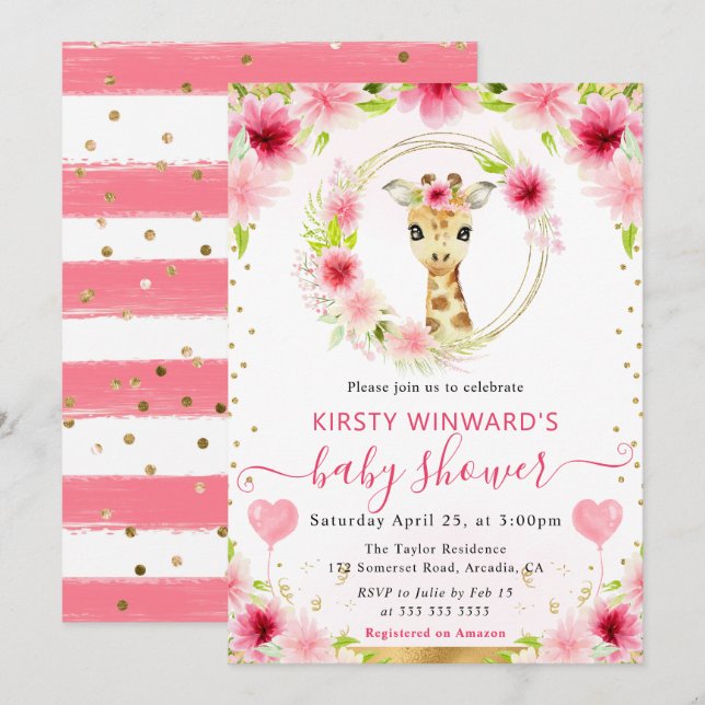 Invitation Aquarelle Fête de Naissance Douce Girafe de la Jun (Devant / Derrière)